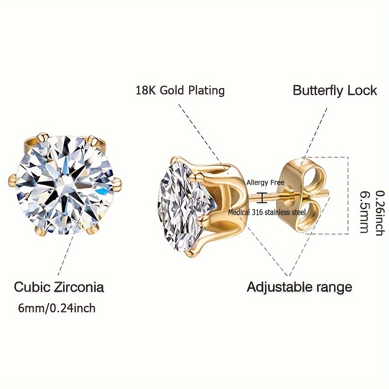 1ct CZ Stainless Steel Stud Earrings for Weddings & Parties